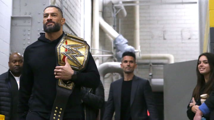 Roman Reigns walks to set for ESPN’s The Pat McAfee Show Friday, March 22, 2024 from the Field House in Iowa City, Iowa.