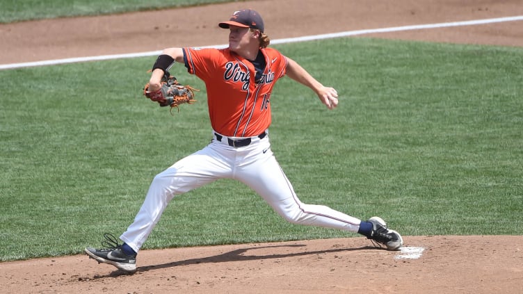 Virginia Cavaliers starting pitcher Andrew Abbott (16) pitches.