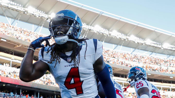 Nov 12, 2023; Cincinnati, Ohio, USA; Houston Texans cornerback Tavierre Thomas (4) reacts after a play against the Cincinnati Bengals in the second half at Paycor Stadium. Mandatory Credit: Katie Stratman-USA TODAY Sports