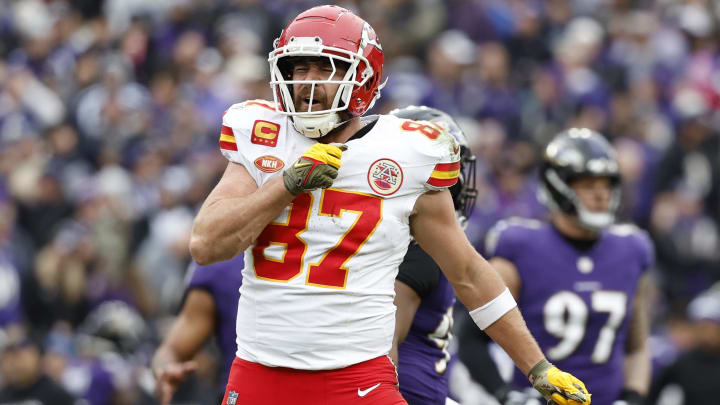 Jan 28, 2024; Baltimore, Maryland, USA; Kansas City Chiefs tight end Travis Kelce (87) celebrates after scoring a touchdown against the Baltimore Ravens during the first half in the AFC Championship football game at M&T Bank Stadium. Mandatory Credit: Geoff Burke-USA TODAY Sports