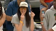 Breanna Stewart reacts to her teammate Sabrina Ionescu winning the WNBA Three-Point Contest.