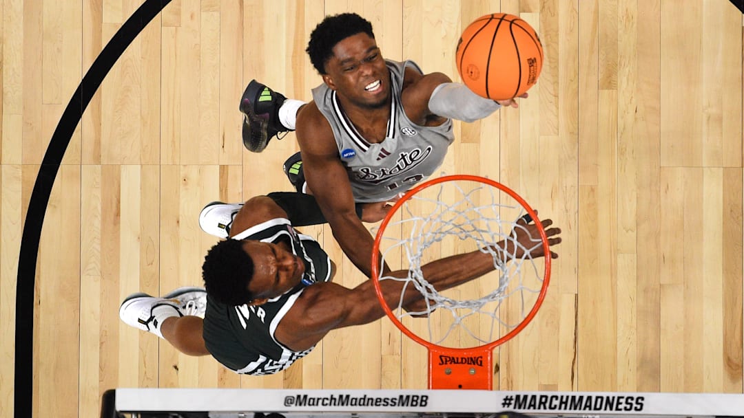 Mar 21, 2024; Charlotte, NC, USA; Mississippi State Bulldogs guard Josh Hubbard (13) shoots as