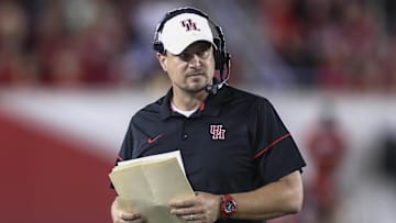 Sep 29, 2016; Houston, TX, USA; Houston Cougars head coach Tom Herman walks onto the field during the first quarter against the Connecticut Huskies at TDECU Stadium. The Cougars won 42-14. Mandatory Credit: Troy Taormina-Imagn Images