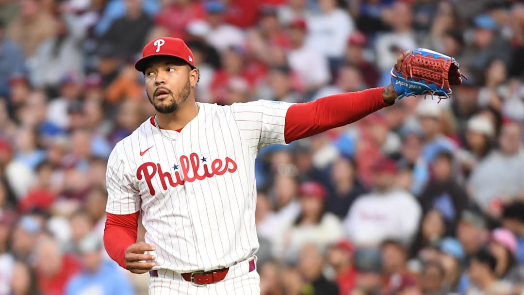 Apr 14, 2025; Philadelphia, Pennsylvania, USA; Philadelphia Phillies pitcher Taijuan Walker (99) reacts after allowing a home run during the second inning against the San Francisco Giants at Citizens Bank Park. Mandatory Credit: Eric Hartline-Imagn Images
