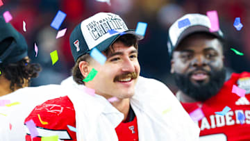 Dec. 6, 2025; Arlington, TX, USA; Texas Tech Red Raiders linebacker Jacob Rodriguez (10) celebrates after the game against the BYU Cougars at AT&T Stadium.