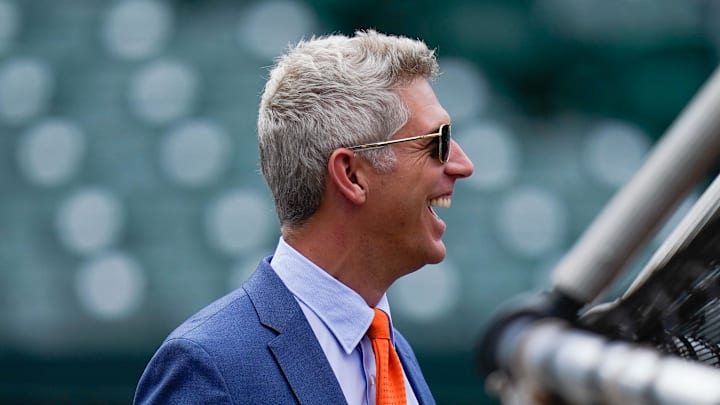 Jul 27, 2022; Baltimore, Maryland, USA;  Baltimore Orioles general manager Mike Elias reacts on the field before the game between the Baltimore Orioles and the Tampa Bay Rays at Oriole Park at Camden Yards. Mandatory Credit: Tommy Gilligan-Imagn Images