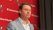 New Buccaneers OC Josh Grizzard speaks to media at One Buccaneer Place. 
