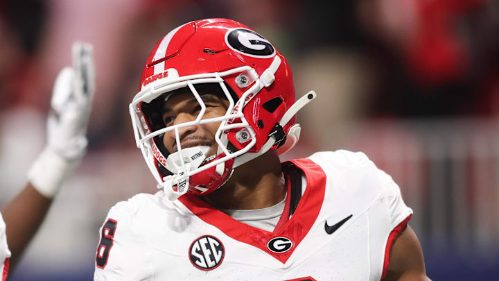 Dec 6, 2025; Atlanta, GA, USA; Georgia Bulldogs defensive back Daylen Everette (6) celebrates an interception during the second quarter against the Alabama Crimson Tide during the 2025 SEC Championship game at Mercedes-Benz Stadium. Mandatory Credit: Brett Davis-Imagn Images