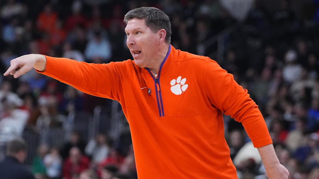 Mar 20, 2025; Providence, RI, USA; Clemson Tigers head coach Brad Brownell reacts during the second half against the McNeese State Cowboys at Amica Mutual Pavilion. Mar 20, 2025; Providence, RI, USA; Clemson Tigers head coach Brad Brownell reacts during the second half against the McNeese State Cowboys at Amica Mutual Pavilion.