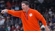 Mar 20, 2025; Providence, RI, USA; Clemson Tigers head coach Brad Brownell reacts during the second half against the McNeese State Cowboys at Amica Mutual Pavilion. 