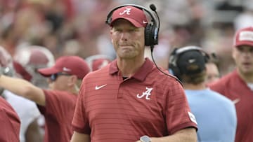 Aug 30, 2025; Tallahassee, Florida, USA; Alabama Crimson Tide head coach Kalen DeBoer looks on against the Florida State Seminoles during the second half at Doak S. Campbell Stadium. Mandatory Credit: Melina Myers-Imagn Images