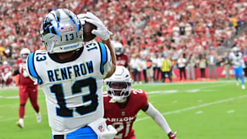 Sep 14, 2025; Glendale, Arizona, USA;  Carolina Panthers wide receiver Hunter Renfrow (13) receives a pass to score a touchdown  during the third quarter against the Arizona Cardinals at State Farm Stadium. Mandatory Credit: Matt Kartozian-Imagn Images