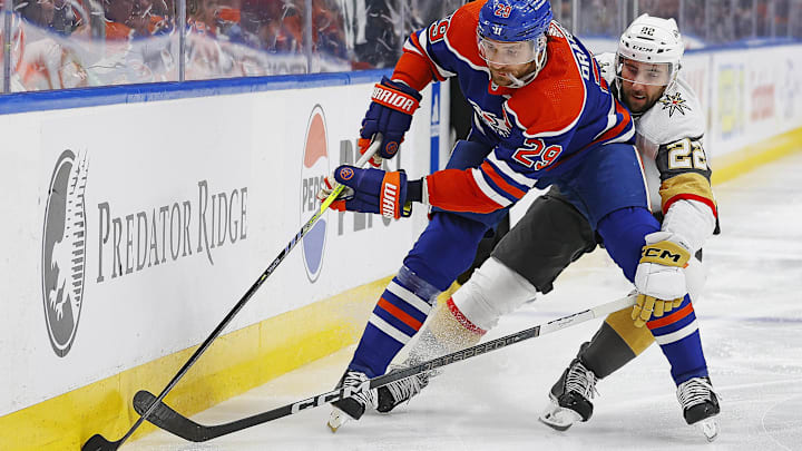 Edmonton Oilers forward Leon Draisaitl (29) protects the puck from Vegas Golden Knights forward 
