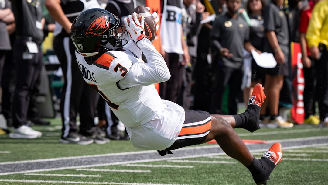 Oregon State Beavers wide receiver Taz Reddicks hauls in a reception as the Oregon Ducks host the Oregon State Beavers Sept. 20, 2025, at Autzen Stadium in Eugene, Oregon.