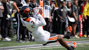 Oregon State Beavers wide receiver Taz Reddicks hauls in a reception as the Oregon Ducks host the Oregon State Beavers Sept. 20, 2025, at Autzen Stadium in Eugene, Oregon.