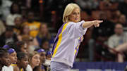Mar 8, 2025; Greenville, SC, USA; LSU Lady Tigers head coach Kim Mulkey points during the first half against the Texas Longhorns at Bon Secours Wellness Arena. Mandatory Credit: Jim Dedmon-Imagn Images