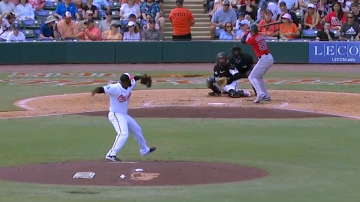 Baltimore Orioles pitcher Felix Bautista throws a pitch to Boston Red Sox right fielder Trayce Thompson at Spring Training. Baltimore Orioles pitcher Felix Bautista throws a pitch to Boston Red Sox right fielder Trayce Thompson at Spring Training.