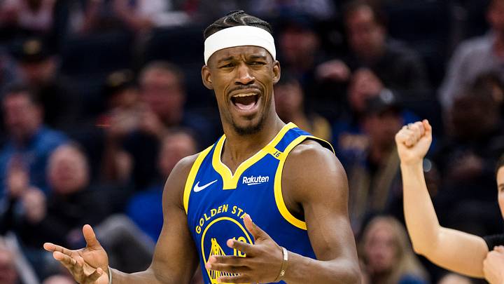 Feb 23, 2025; San Francisco, California, USA; Golden State Warriors forward Jimmy Butler III (10) reacts during the third quarter of the game against the Dallas Mavericks at Chase Center. Mandatory Credit: John Hefti-Imagn Images