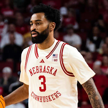Mar 9, 2025; Lincoln, Nebraska, USA; Nebraska Cornhuskers guard Brice Williams (3) dribbles against the Iowa Hawkeyes during the first half at Pinnacle Bank Arena. Mandatory Credit: Dylan Widger-Imagn Images