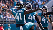 Jacksonville Jaguars defensive end Josh Hines-Allen (41) celebrates with teammates after sacking Los Angeles Chargers quarterback Justin Herbert (10) in the second quarter, breaking a franchise record for sacks in an NFL football game at EverBank Stadium, Sunday, November 16, 2025, in Jacksonville, Fla. [Doug Engle/Florida Times-Union]