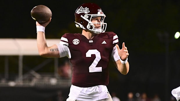 Mississippi State Bulldogs quarterback Blake Shapen (2) makes a pass 
