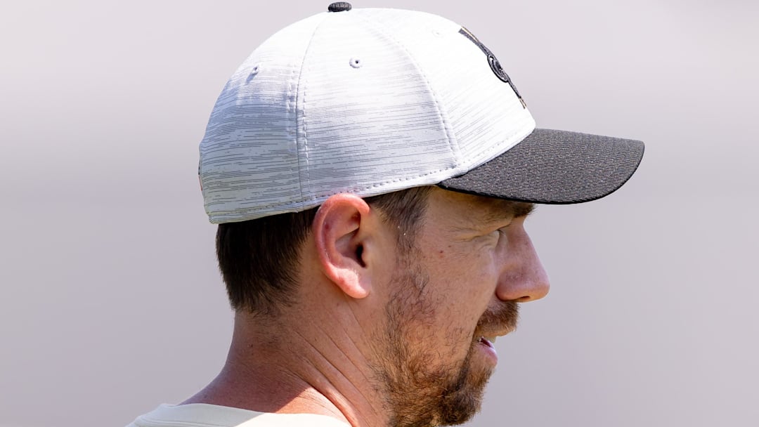 May 11, 2024; New Orleans, LA, USA;  New Orleans Saints offensive coordinator Klint Kubiak looks on during the rookie minicamp at the Ochsner Sports Performance Center. Mandatory Credit: Stephen Lew-Imagn Images