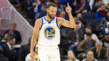 Oct 8, 2025; San Francisco, California, USA;  Golden State Warriors guard Stephen Curry (30) gestures during the second quarter against the Portland Trail Blazers at Chase Center. Mandatory Credit: John Hefti-Imagn Images