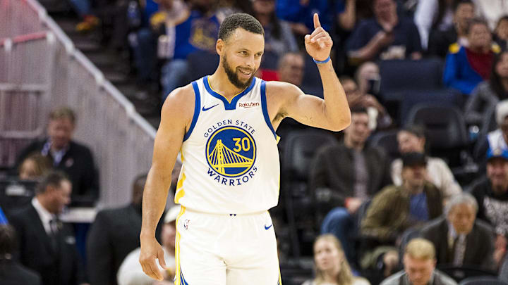Oct 8, 2025; San Francisco, California, USA;  Golden State Warriors guard Stephen Curry (30) gestures during the second quarter against the Portland Trail Blazers at Chase Center. Mandatory Credit: John Hefti-Imagn Images