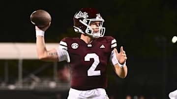 Sep 14, 2024; Starkville, Mississippi, USA; Mississippi State Bulldogs quarterback Blake Shapen (2) makes a pass against the Toledo Rockets during the fourth quarter at Davis Wade Stadium at Scott Field. Mandatory Credit: Matt Bush-Imagn Images