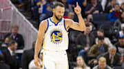 Oct 8, 2025; San Francisco, California, USA;  Golden State Warriors guard Stephen Curry (30) gestures during the second quarter against the Portland Trail Blazers at Chase Center. Mandatory Credit: John Hefti-Imagn Images