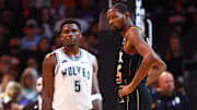 Minnesota Timberwolves guard Anthony Edwards (5) against Phoenix Suns forward Kevin Durant at Footprint Center in Phoenix on Nov. 15, 2023.