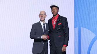 Jun 25, 2025; Brooklyn, NY, USA;  Ace Bailey stands with NBA commissioner Adam Silver after being selected as the fifth pick by the Utah Jazz in the first round of the 2025 NBA Draft at Barclays Center. Mandatory Credit: Brad Penner-Imagn Images