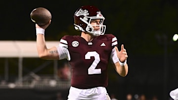 Sep 14, 2024; Starkville, Mississippi, USA; Mississippi State Bulldogs quarterback Blake Shapen (2) makes a pass against the Toledo Rockets during the fourth quarter at Davis Wade Stadium at Scott Field. Mandatory Credit: Matt Bush-Imagn Images