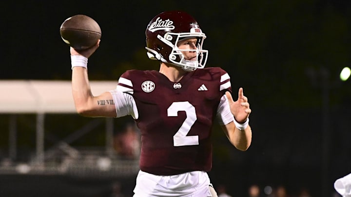 Sep 14, 2024; Starkville, Mississippi, USA; Mississippi State Bulldogs quarterback Blake Shapen (2) makes a pass against the Toledo Rockets during the fourth quarter at Davis Wade Stadium at Scott Field. Mandatory Credit: Matt Bush-Imagn Images