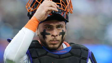Jun 11, 2024; New York City, New York, USA; New York Mets catcher Francisco Alvarez (4) walks back to the dugout after the top of the first inning against the Miami Marlins at Citi Field. Mandatory Credit: Brad Penner-USA TODAY Sports