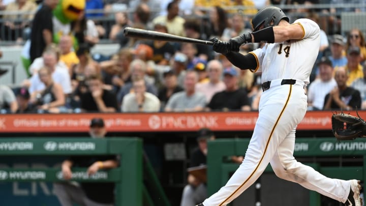 Aug 3, 2024; Pittsburgh, Pennsylvania, USA;  Pittsburgh Pirates batter Joey Bart (14) hits a solo home run against the Arizona Diamondbacks in the second inning at PNC Park. Mandatory Credit: Philip G. Pavely-USA TODAY Sports