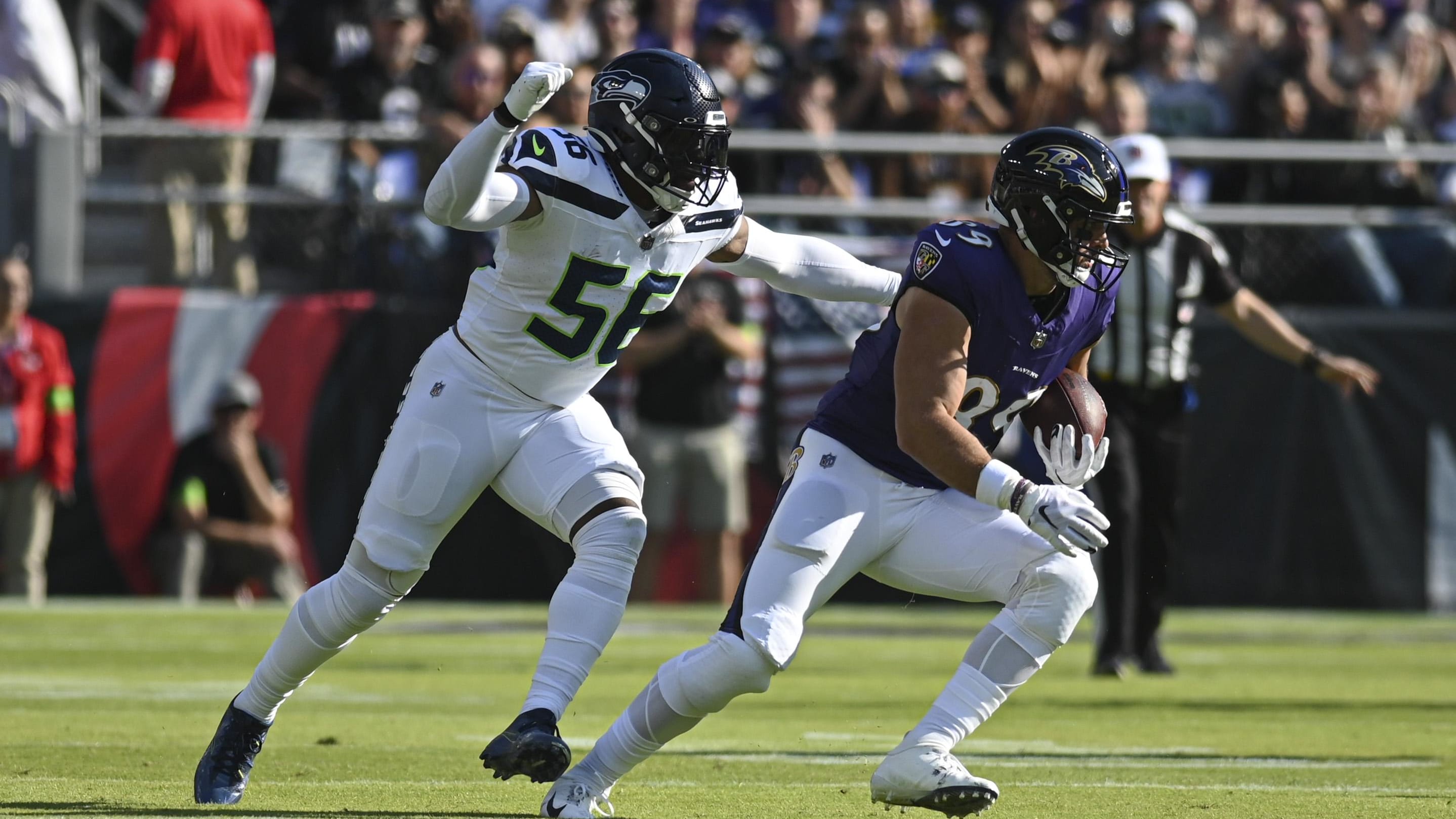 New Dolphins linebacker chases Baltimore tight end Mark Andrews while a member of the Seattle Seahawks last season