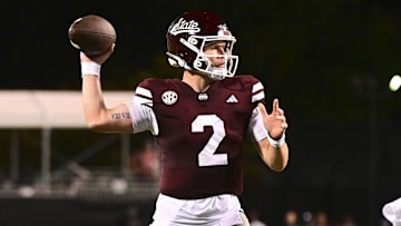 Sep 14, 2024; Starkville, Mississippi, USA; Mississippi State Bulldogs quarterback Blake Shapen (2) makes a pass against the Toledo Rockets during the fourth quarter at Davis Wade Stadium at Scott Field. Mandatory Credit: Matt Bush-Imagn Images