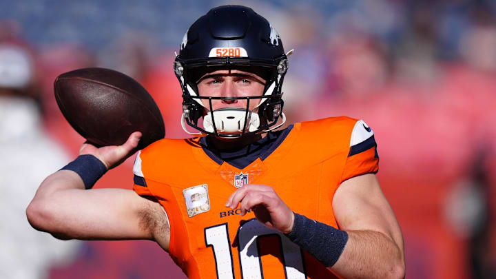 Nov 17, 2024; Denver, Colorado, USA; Denver Broncos quarterback Bo Nix (10) warms before the game against the Atlanta Falcons at Empower Field at Mile High. Mandatory Credit: Ron Chenoy-Imagn Images Nov 17, 2024; Denver, Colorado, USA; Denver Broncos quarterback Bo Nix (10) warms before the game against the Atlanta Falcons at Empower Field at Mile High. Mandatory Credit: Ron Chenoy-Imagn Images