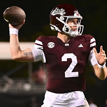 Mississippi State Bulldogs quarterback Blake Shapen (2) makes a pass against the Toledo Rockets during the fourth quarter at Davis Wade Stadium at Scott Field.