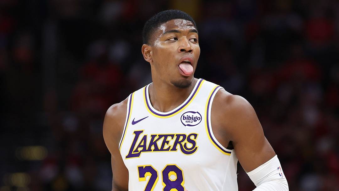 Apr 26, 2026; Houston, Texas, USA; Los Angeles Lakers forward Rui Hachimura (28) reacts after scoring a basket during the second quarter against the Houston Rockets during game four of the first round of the 2026 NBA Playoffs at Toyota Center. Mandatory Credit: Troy Taormina-Imagn Images
