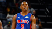 Oct 6, 2025; Memphis, Tennessee, USA; Detroit Pistons forward Ausar Thompson (9) looks on during the third quarter against the Memphis Grizzlies at FedExForum. Mandatory Credit: Petre Thomas-Imagn Images