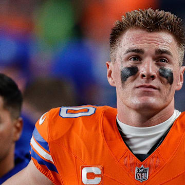 Nov 6, 2025; Denver, Colorado, USA; Denver Broncos quarterback Bo Nix (10) in the fourth quarter against the Las Vegas Raiders at Empower Field at Mile High. Mandatory Credit: Isaiah J. Downing-Imagn Images