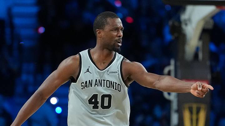 Dec 13, 2025; Las Vegas, Nevada, USA; San Antonio Spurs forward Harrison Barnes (40) reacts during the third quarter against the Oklahoma City Thunder at T-Mobile Arena. Mandatory Credit: Kirby Lee-Imagn Images