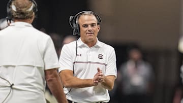 Aug 31, 2025; Atlanta, Georgia, USA; South Carolina Gamecocks head coach Shane Beamer on the sidelines against the Virginia Tech Hokies during the first half at Mercedes-Benz Stadium. Mandatory Credit: Dale Zanine-Imagn Images