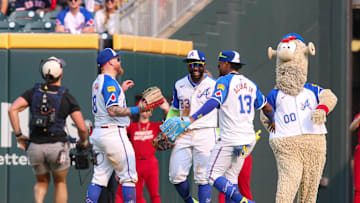 May 31, 2025; Atlanta, Georgia, USA; Atlanta Braves left fielder Alex Verdugo (8) and center fielder Michael Harris II (23) and right fielder Ronald Acuna Jr. (13) celebrate after a victory over the Boston Red Sox at Truist Park. Mandatory Credit: Brett Davis-Imagn Images