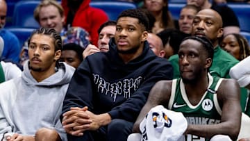 Milwaukee Bucks forward Giannis Antetokounmpo looks on from the bench against the New Orleans Pelicans during the second half at Smoothie King Center on April 6.