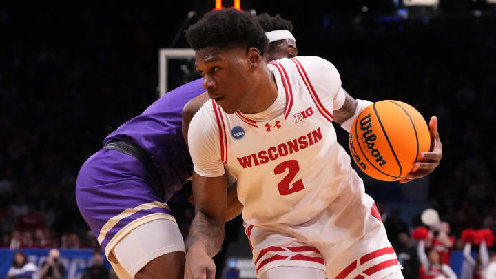Mar 22, 2024; Brooklyn, NY, USA; Wisconsin Badgers guard AJ Storr (2) dribbles the ball against the James Madison Dukes in the first round of the 2024 NCAA Tournament at the Barclays Center.  Mandatory Credit: Robert Deutsch-USA TODAY Sports