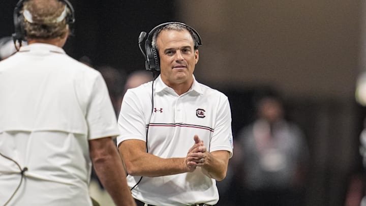 Aug 31, 2025; Atlanta, Georgia, USA; South Carolina Gamecocks head coach Shane Beamer on the sidelines against the Virginia Tech Hokies during the first half at Mercedes-Benz Stadium. Mandatory Credit: Dale Zanine-Imagn Images