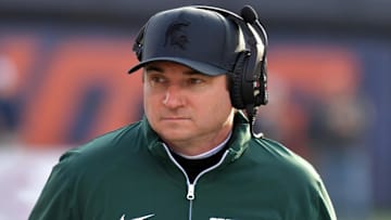 Nov 16, 2024; Champaign, Illinois, USA;  Michigan State Spartans head coach Jonathan Smith during the first half against the Illinois Fighting Illini  at Memorial Stadium. Mandatory Credit: Ron Johnson-Imagn Images
